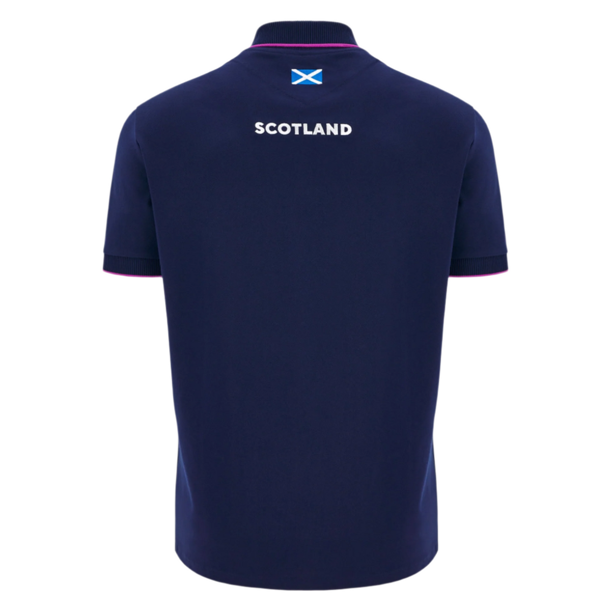 The Scotland 25/26 Player Travel Cotton Polo by Macron is a navy blue short-sleeve shirt with "Scotland" lettering, the Scottish flag on the upper back, and classic rugby polo inspiration.