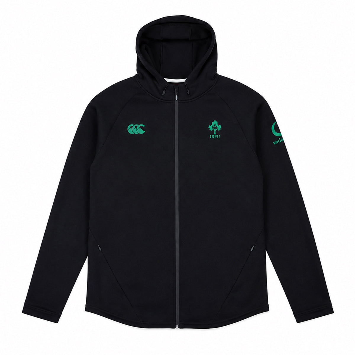 Ireland 25/26 Travel Hoodie by Canterbury – a black zip-up hooded jacket featuring green logos on the chest and sleeve, displayed flat on a white background. Perfect for any Ireland Rugby fan.