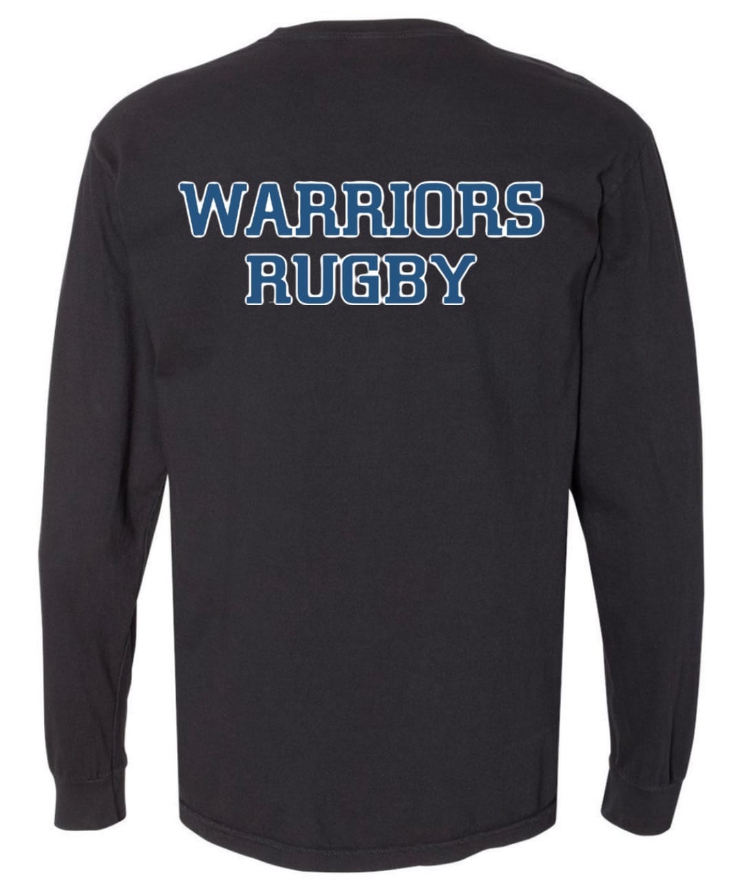 The Fort Hunt Long Sleeve Comfort Tee by WRS S&S Activewear is a black tee made from 100% ring-spun cotton, featuring "WARRIORS RUGBY" in bold blue and white on the upper back for style and comfort.