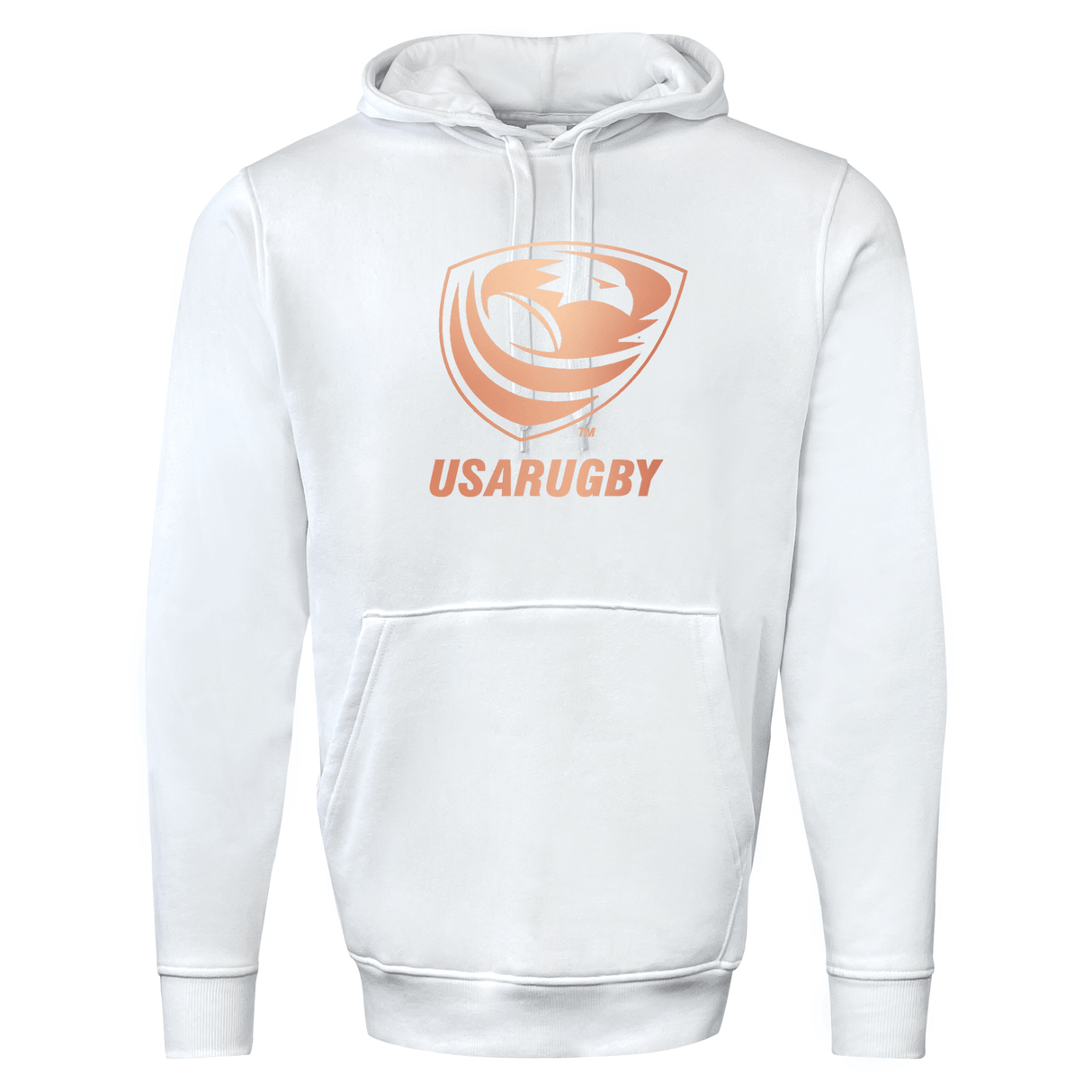 White USA Rugby Bronze 60/40 Fleece Pullover Hoodie by WRS Augusta featuring "USARUGBY" text and an abstract eagle logo printed on the front.