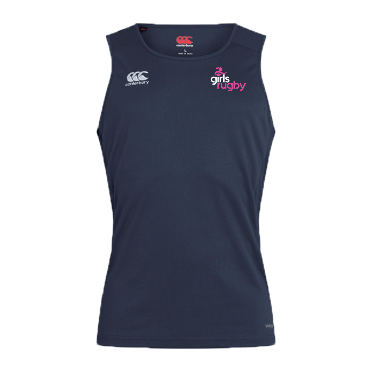 The Girls Rugby Club Dry Singlet by EMB Canterbury is a navy blue, sleeveless top with "girls rugby" in pink and white, a white logo on the chest, and advanced Vapodri Technology for high-performance sportswear.