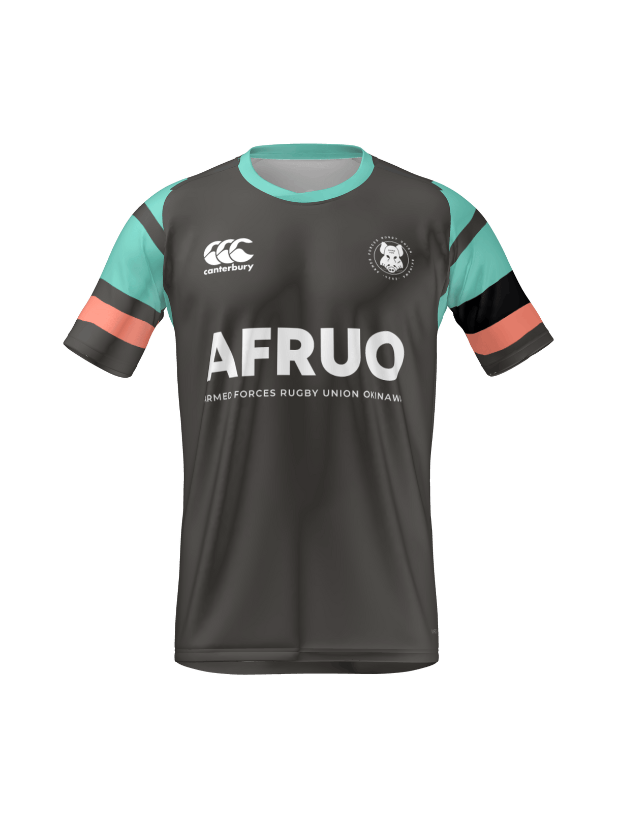 The Armed Forces Okinawa Canterbury Men's Maka Reversible Jersey by Teamatical is a dark gray rugby jersey with mint and coral sleeve accents, "AFRUO" text, Canterbury logo, and an owl badge on the chest.