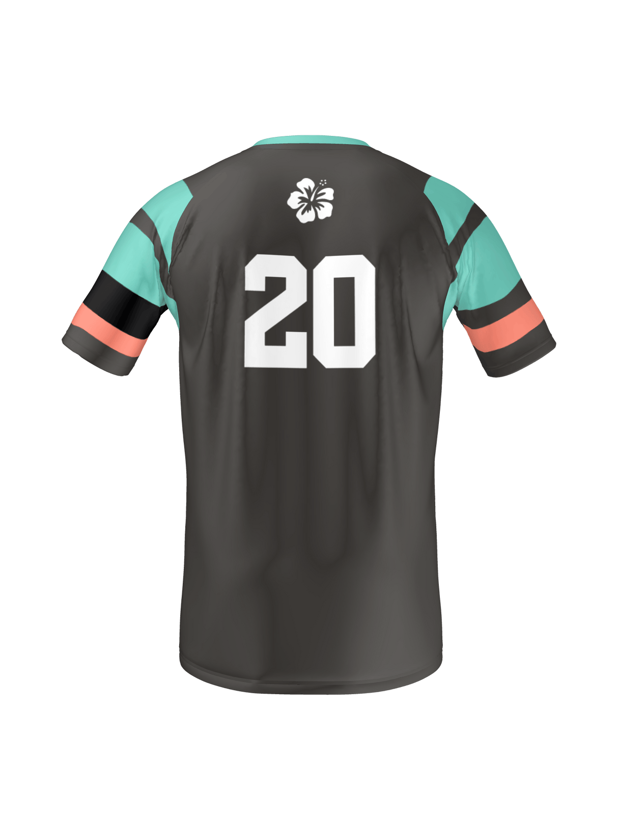The Teamatical Armed Forces Okinawa Canterbury MENS MAKA REVERSIBLE JERSEY REGULAR features a black design with teal and orange sleeve stripes, a white hibiscus flower on the upper back, and the number 20 in white.