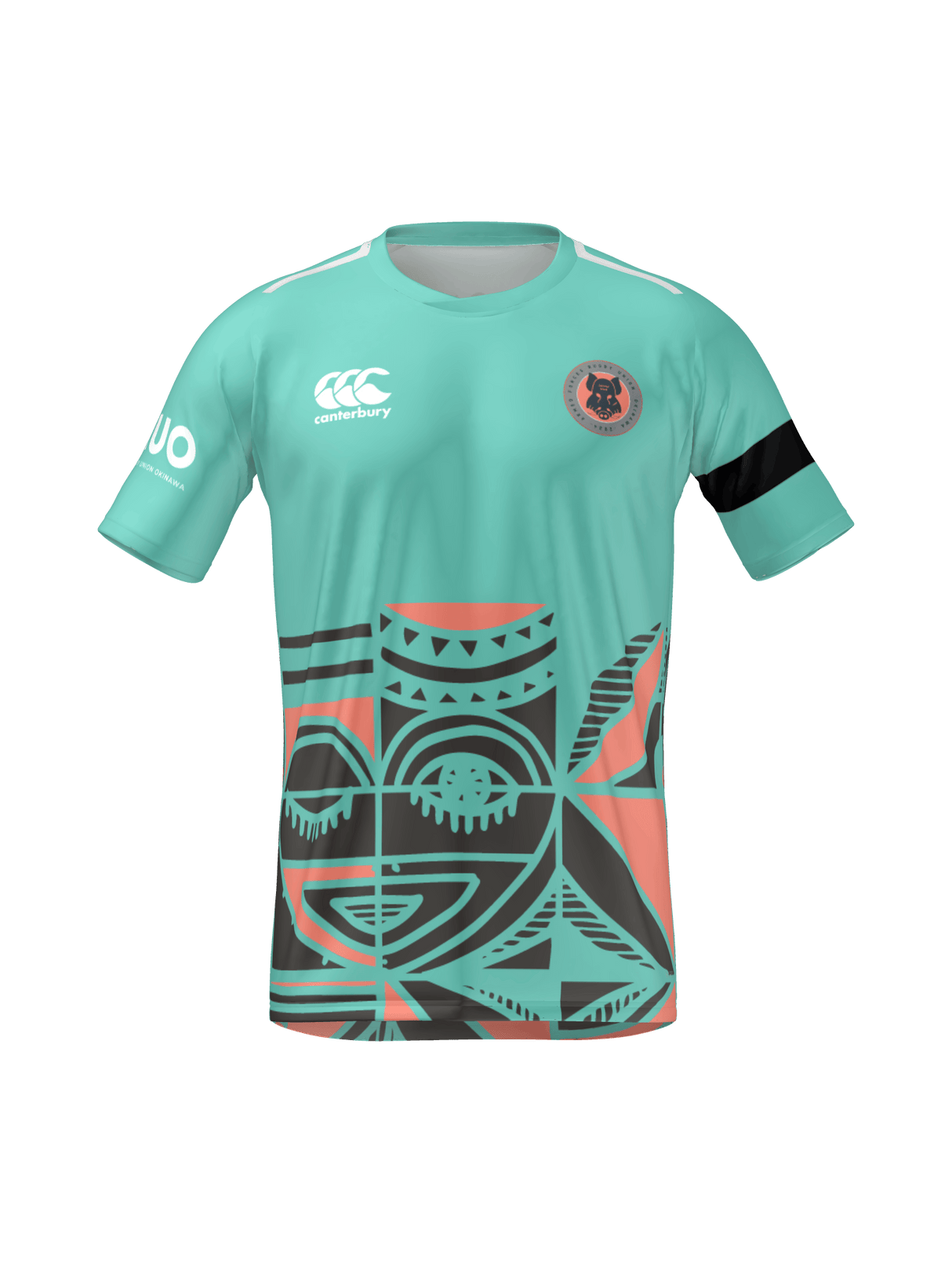The Teamatical Armed Forces Okinawa Canterbury Men's Maka Reversible Jersey Regular features teal and coral Polynesian-inspired geometric patterns, a black armband, sponsor logos, and a circular badge on the left chest.