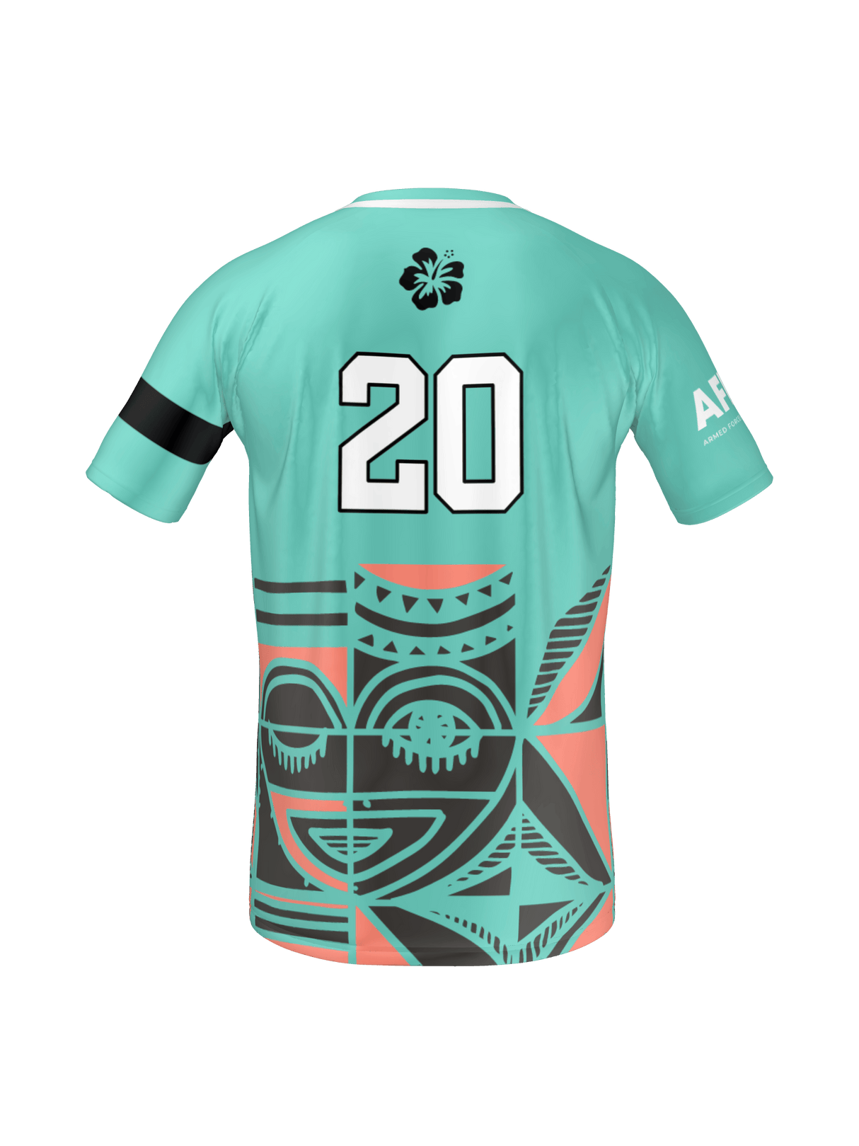 The Teamatical Armed Forces Okinawa Canterbury Men's Maka Reversible Jersey Regular features a teal design with a large number 20 on the back, black armband on the left sleeve, geometric and face graphics, and a white hibiscus flower near the collar.