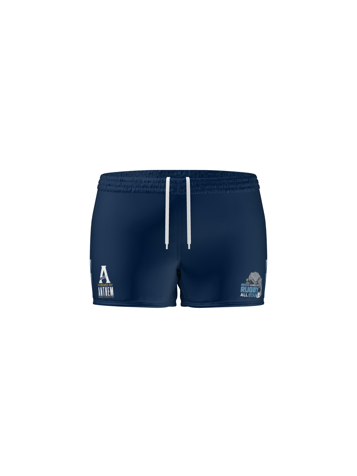 The Custom Canterbury Yokohama Shorts - Women's by Teamatical feature navy blue fabric, a white drawstring, and logos/text on both thighs. Made to order—please allow extra processing time for your custom shorts.