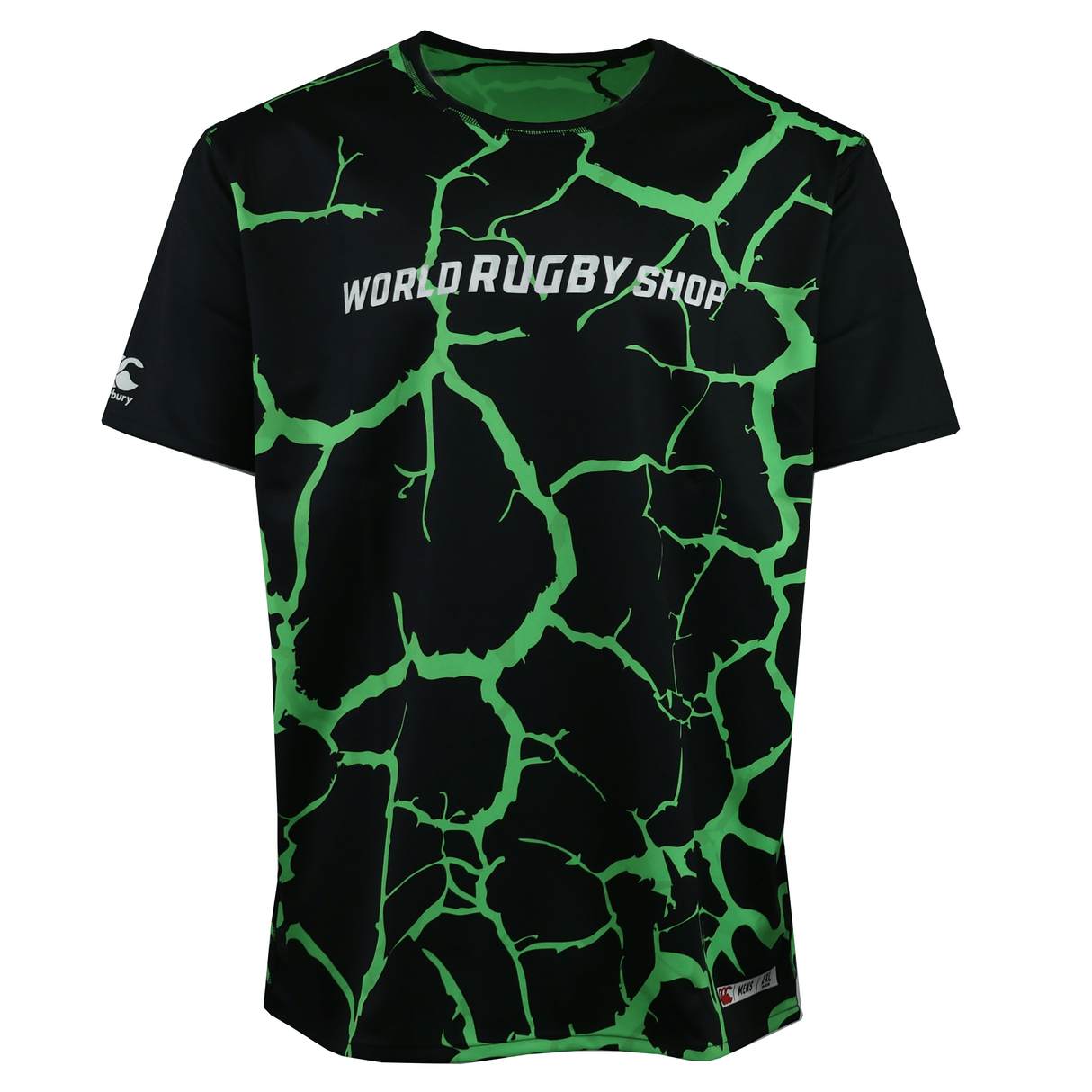 The Teamatical CANTERBURY REVERSIBLE SUBLIMATE SS TRAINING TEE for men features short sleeves, a green cracked sublimated pattern, and "WORLD RUGBY SHOP" printed in white across the chest.