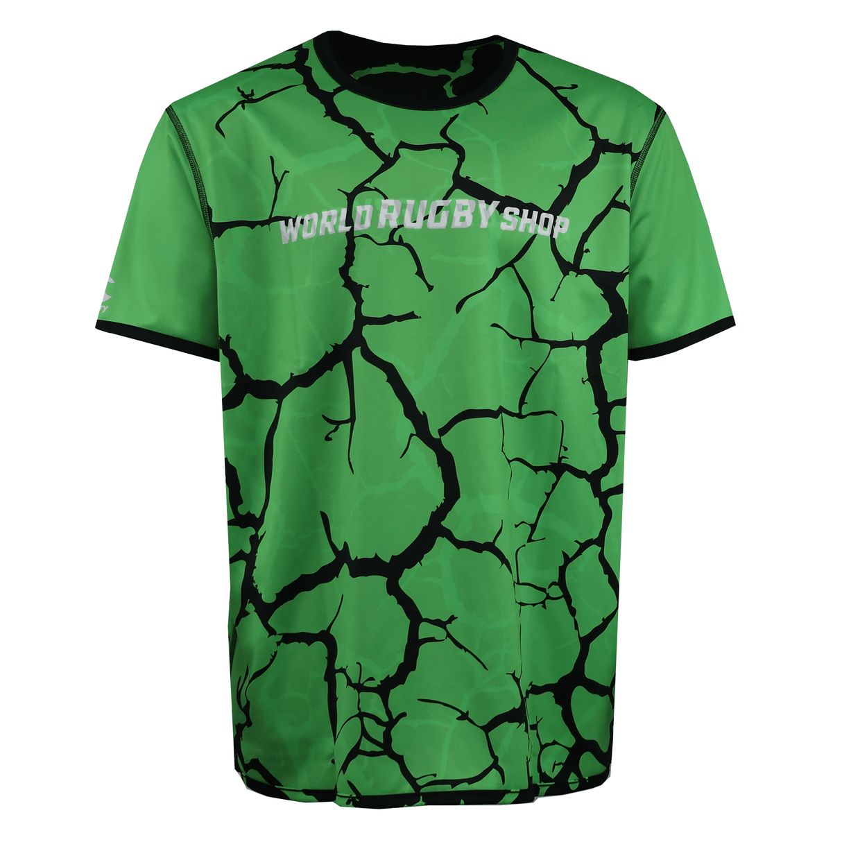 The CANTERBURY REVERSIBLE SUBLIMATE SS TRAINING TEE - MENS by Teamatical is a green short-sleeve tee with a black crack pattern and "WORLD RUGBY SHOP" in white, designed for durability and comfort with sublimated graphics.