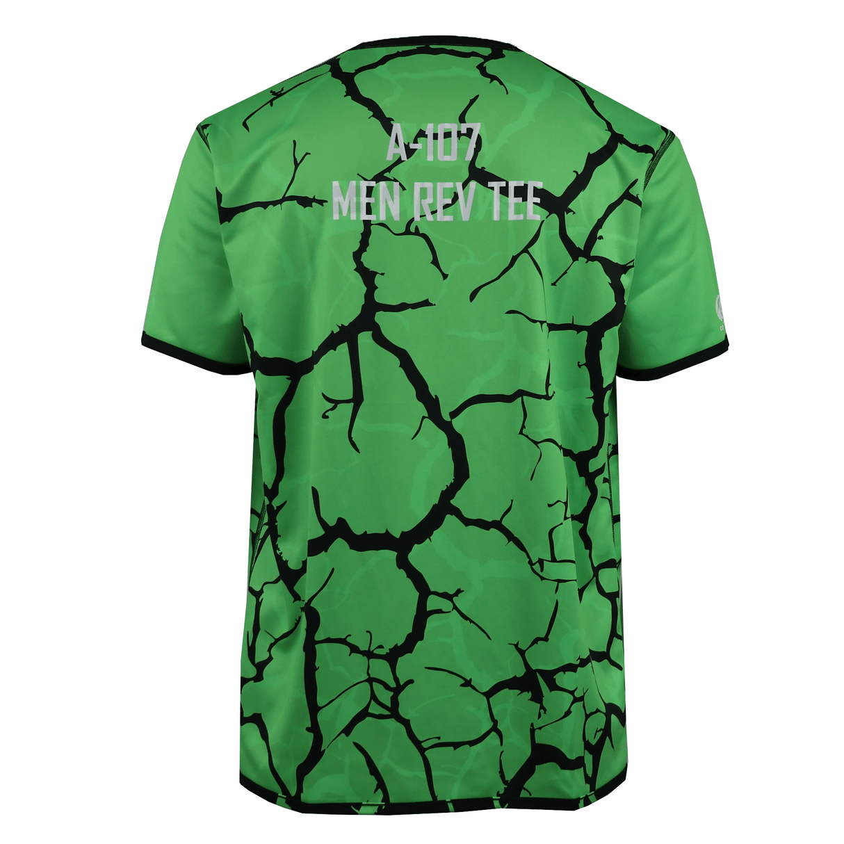 Back view of the Teamatical CANTERBURY REVERSIBLE SUBLIMATE SS TRAINING TEE - MENS in green, featuring black crack patterns and "A-1077 MEN REV TEE" text near the top—a versatile men's sportswear piece.