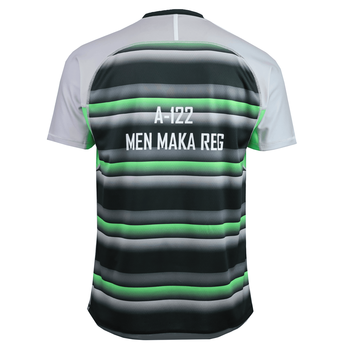 Back view of the Teamatical MENS CCC RAGLAN MAKA REGULAR SAMPLE JERSEY, featuring "A-122 MEN MAKA REG" in white on green and black horizontal stripes, with contrasting white sleeves.