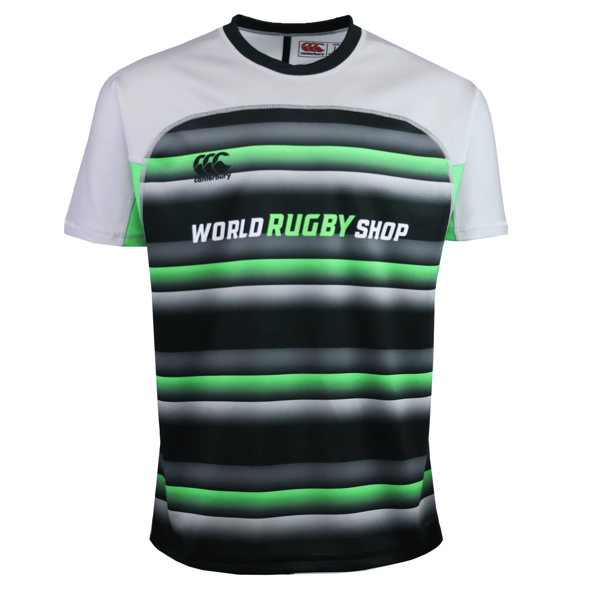 The Teamatical MENS CCC RAGLAN MAKA REGULAR SAMPLE JERSEY features short sleeves, a white upper section, black and gray horizontal stripes, green accents, and the "World Rugby Shop" logo on the front.
