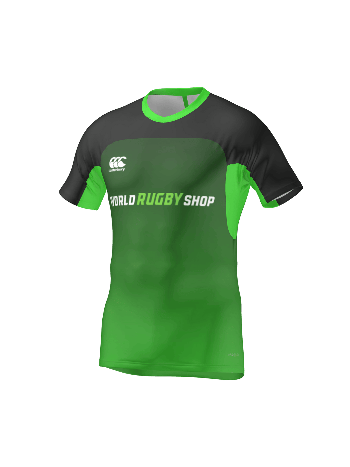 The Teamatical CANTERBURY MAKA COLLAR TEST JERSEY - MENS is a green and black short-sleeve rugby jersey featuring a Maka Collar and front "World Rugby Shop" and Canterbury logos.