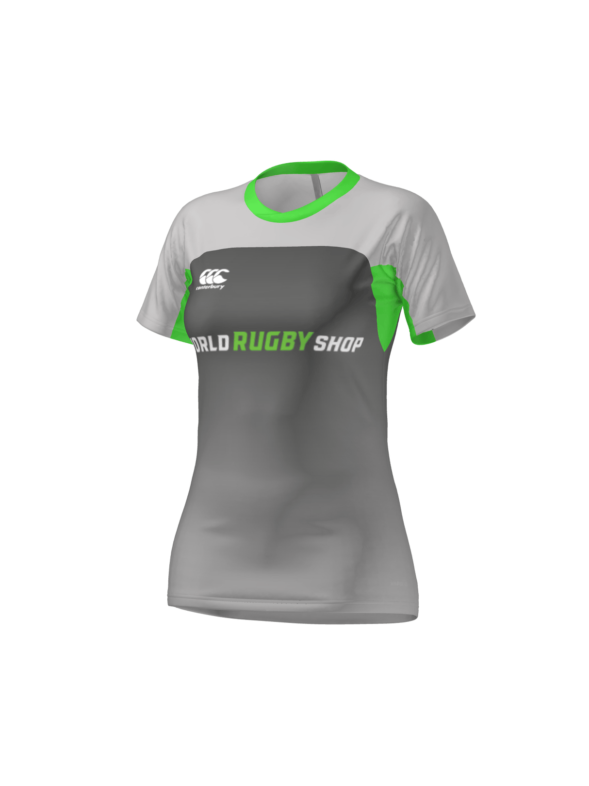 Gray and green CANTERBURY MAKA COLLAR TEST JERSEY - WOMENS by Teamatical featuring a small white chest logo, shown on a plain background.