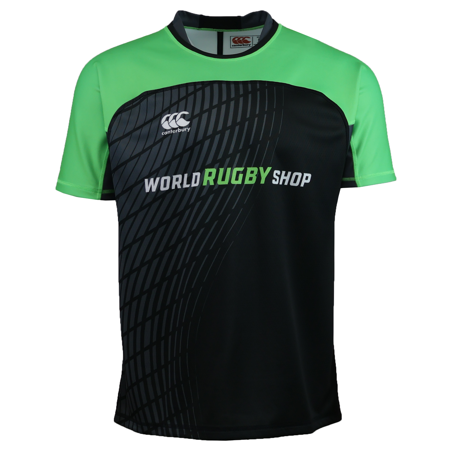 The Canterbury Elite Full Custom Sublimated Jersey - Mens by Teamatical features black and green short sleeves, a diagonal stripe pattern, "WORLD RUGBY SHOP" text on the front, and a Canterbury logo on the left chest.
