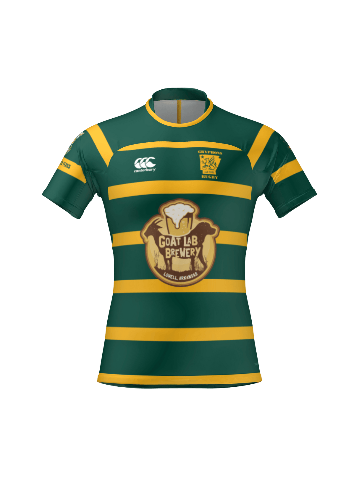 The Arkansas Gryphons Canterbury Raiona Test Jersey by Teamatical features green and yellow stripes, the "Goat Lab Brewery" logo on the front, plus additional logos on the sleeves and chest.