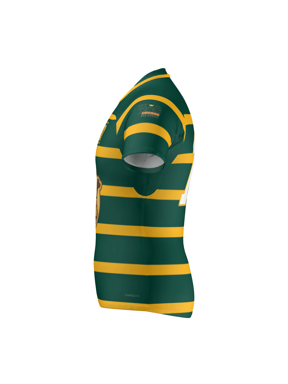 The Teamatical Arkansas Gryphons Canterbury Raiona Test Jersey features green fabric with yellow horizontal stripes, short sleeves, and a logo on the upper sleeve, displayed from the left side against a plain background.