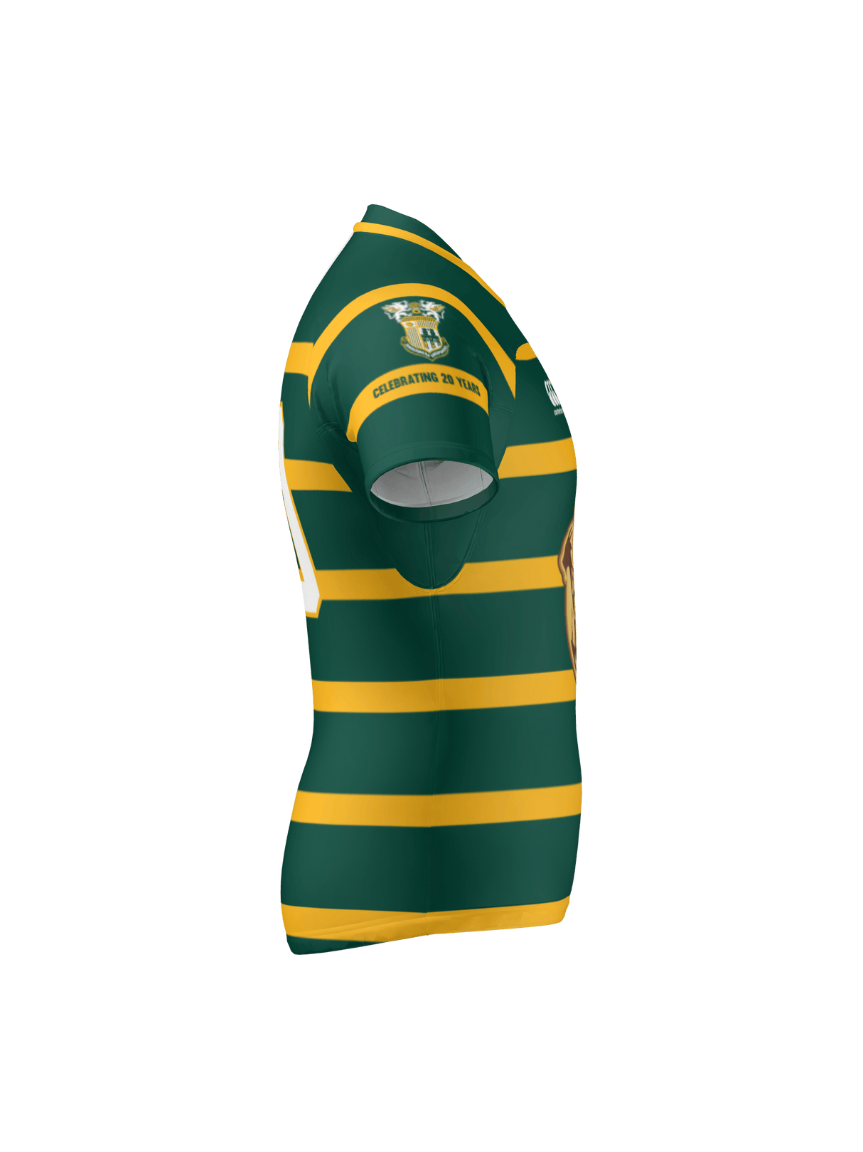 The Teamatical Arkansas Gryphons Canterbury Raiona Test Jersey is a green and yellow striped short-sleeve sports jersey with a tiger logo and "CELEBRATING 75 YEARS" text on the chest, shown from the side.