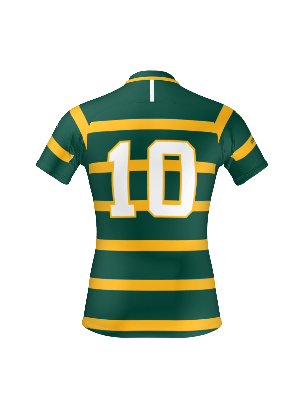 The Arkansas Gryphons Canterbury Raiona Test Jersey by Teamatical features yellow horizontal stripes and a white number 10 on the back, shown against a plain white background.