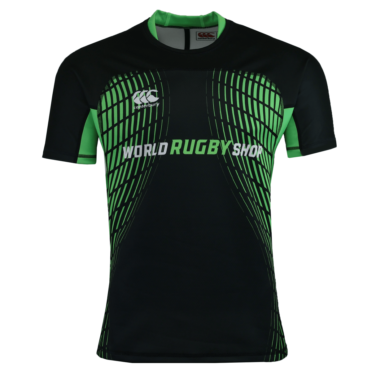 The Teamatical MENS CCC RAGLAN RAIONA TEST SAMPLE JERSEY features black and green colors, short raglan sleeves, "WORLD RUGBY SHOP" front text, a white chest Canterbury logo, and Raiona-inspired accents.