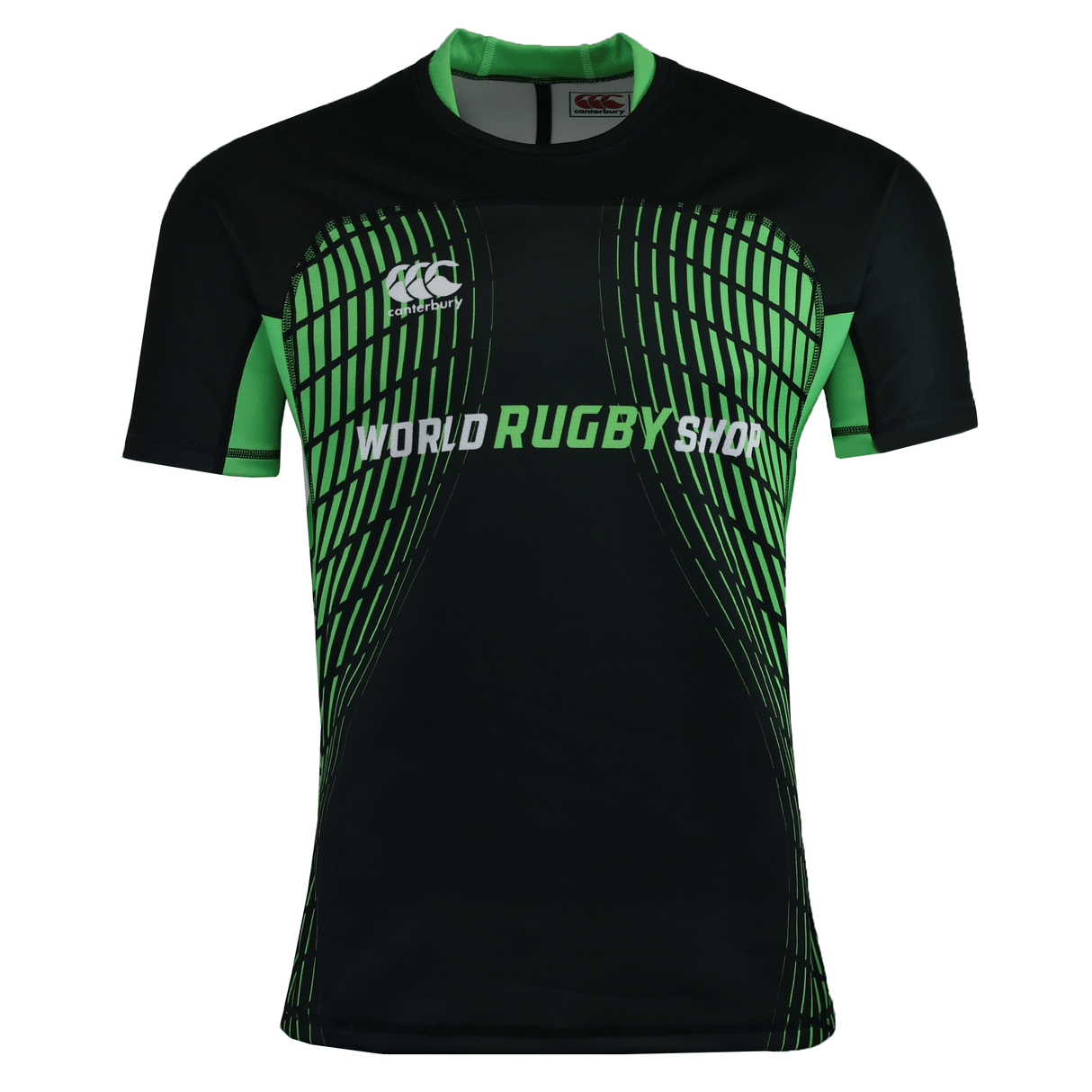 The Canterbury Elite Full Custom Sublimated Jersey – Mens by Teamatical is a black and green short-sleeve rugby jersey featuring the "World Rugby Shop" and Canterbury logos on the front.