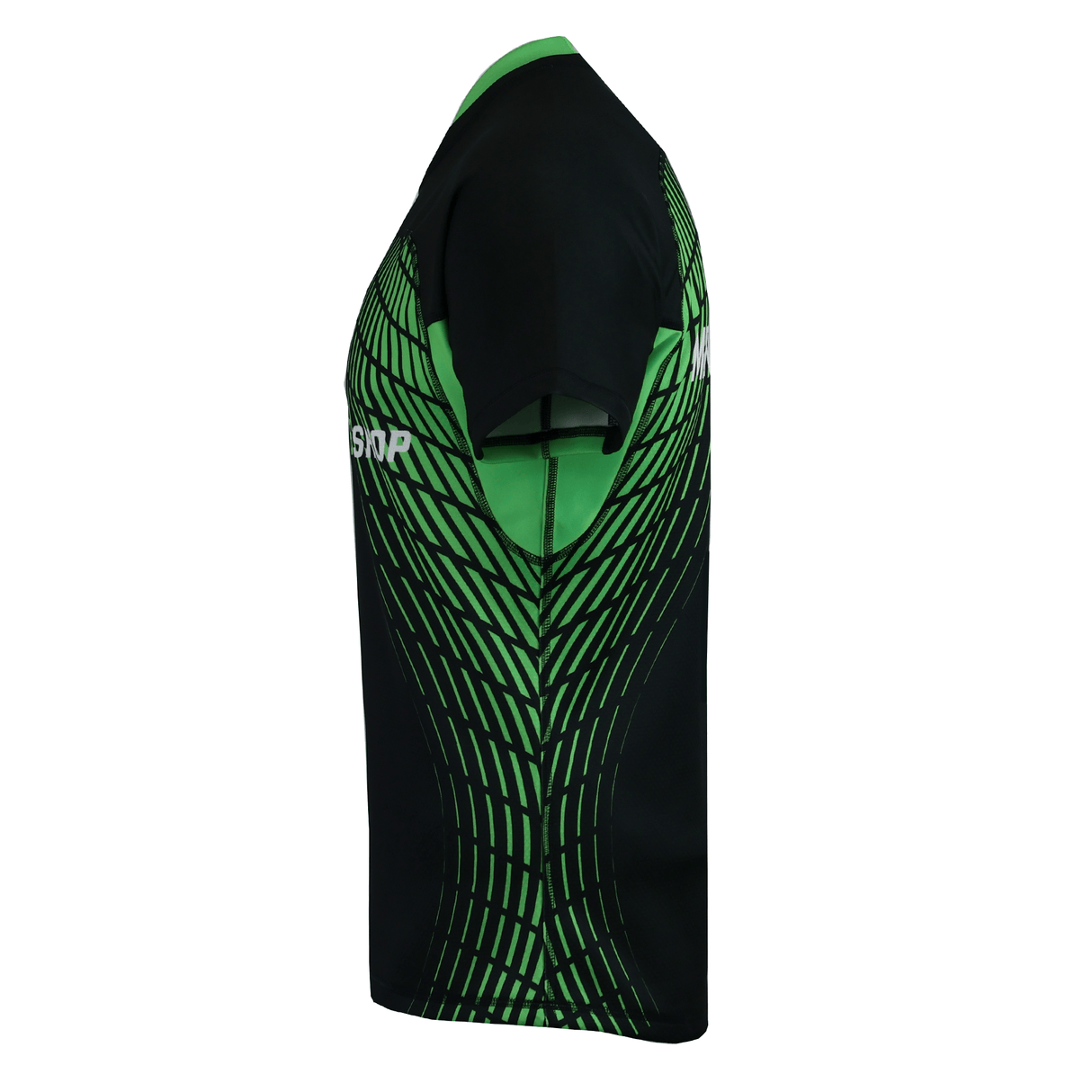 A MENS CCC RAGLAN RAIONA TEST SAMPLE JERSEY by Teamatical in black and green, short-sleeved, is shown on a mannequin from the side.