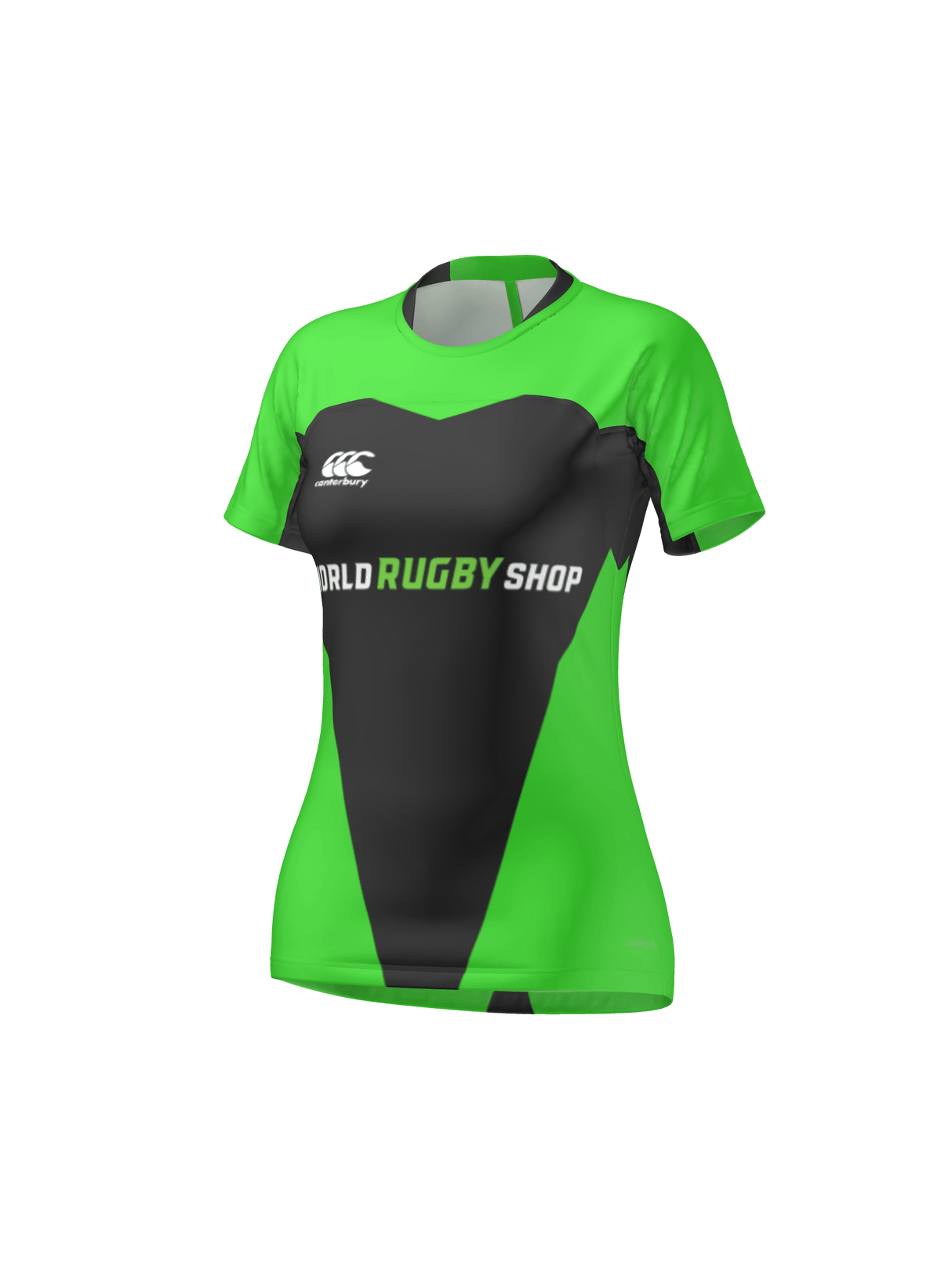 The Teamatical Canterbury Raiona Collar Test Jersey - Womens features short sleeves, a bold black geometric pattern on green, and "WORLD RUGBY SHOP" on the front—a stylish sample perfect for rugby fans.