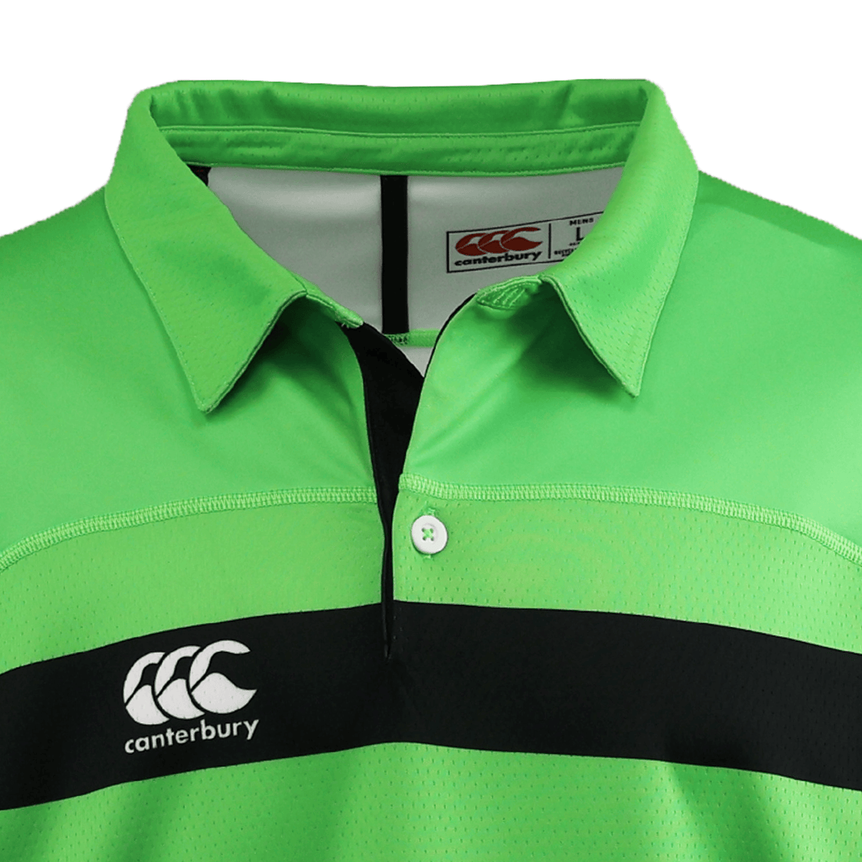 The Teamatical CANTERBURY KAHA COLLAR REGULAR JERSEY - MENS features a green design with a black horizontal stripe, buttoned collar, and chest logo—ideal for classic men's sportswear.