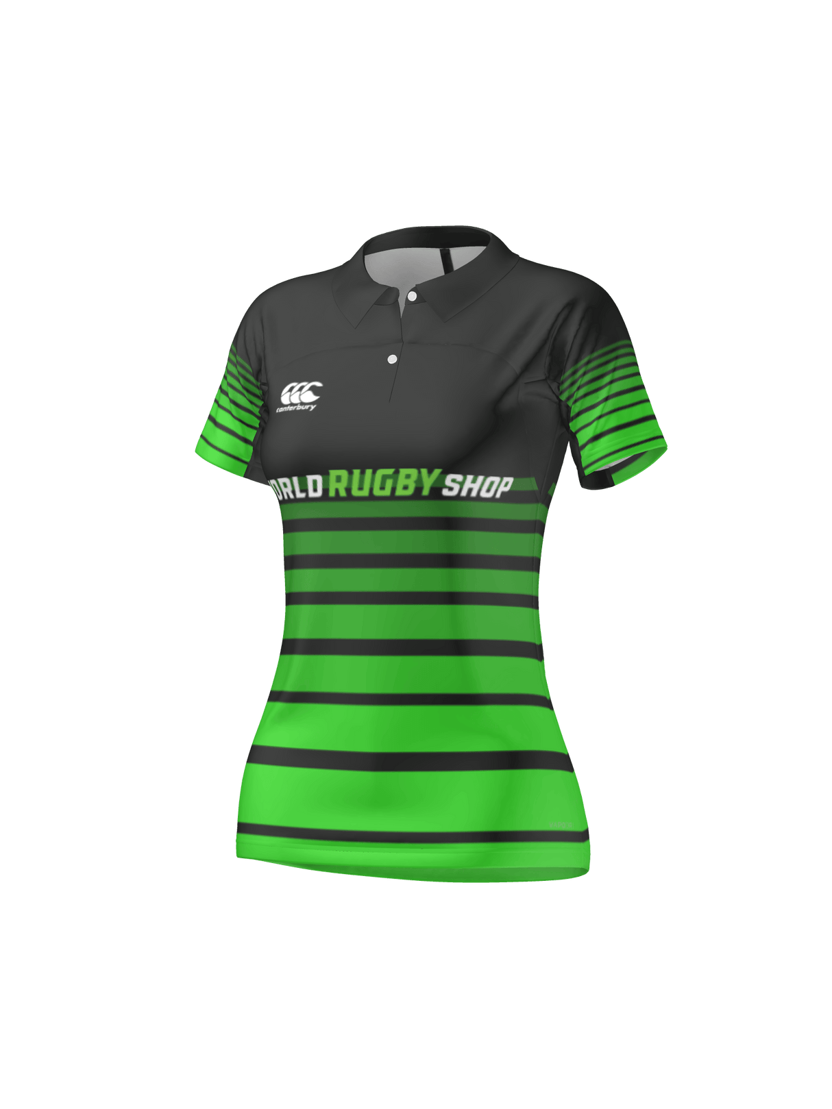 The Teamatical CANTERBURY KAHA COLLAR TEST JERSEY - WOMENS features black and green stripes, "WORLD RUGBY SHOP" text, and a white Canterbury logo on the chest.