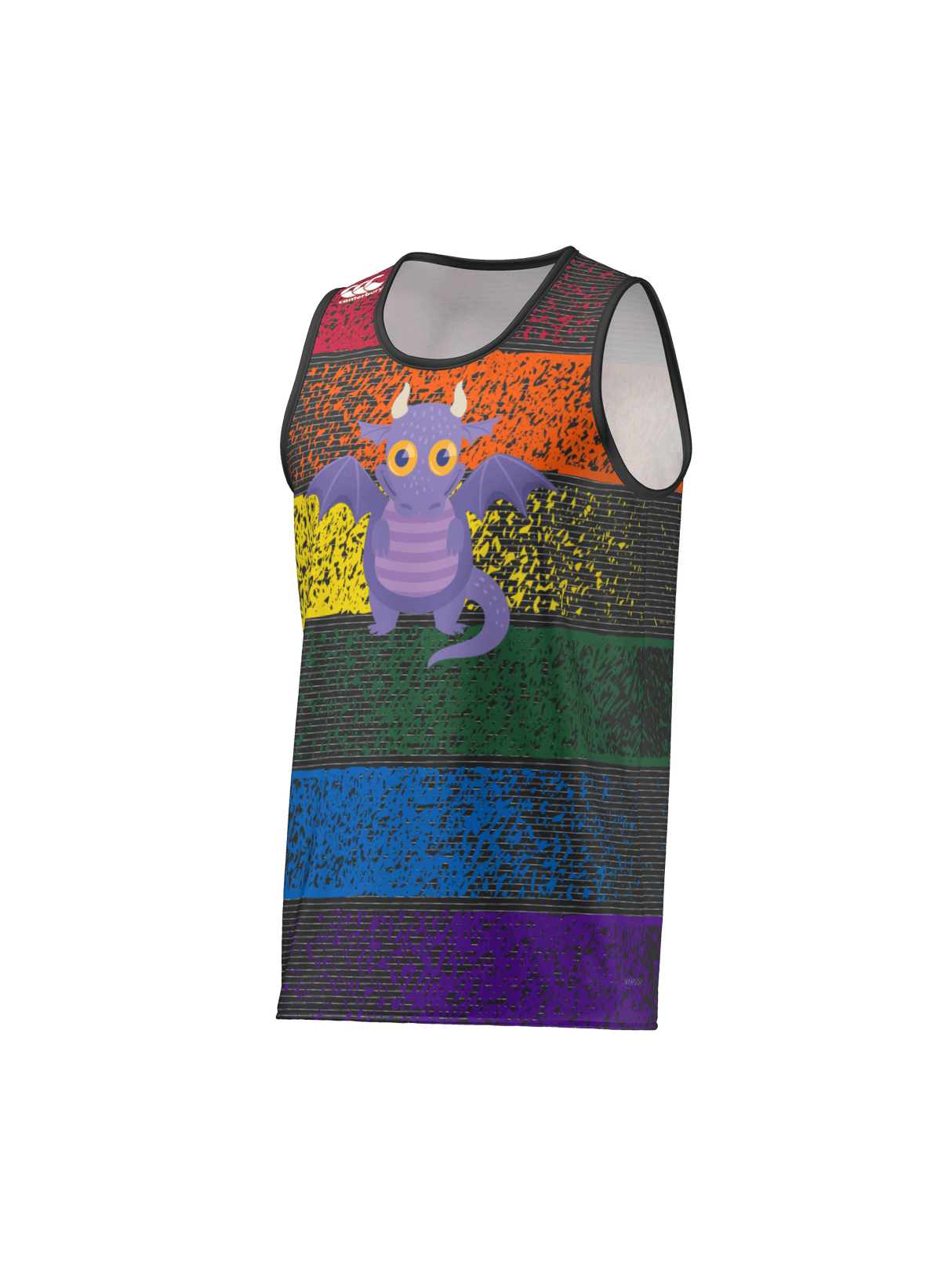 The Teamatical CANTERBURY ECO-SUBLIMATE SINGLET for men features rainbow horizontal stripes and a cartoon purple dragon on the front, made with eco-sublimate technology for vibrant, lasting color.
