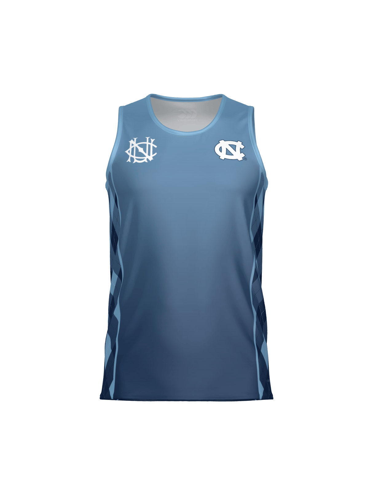 The Teamatical UNC Rugby Canterbury Performance Singlet is a sleeveless blue athletic jersey with two white chest logos and dark blue side panels, shown on a plain white background.