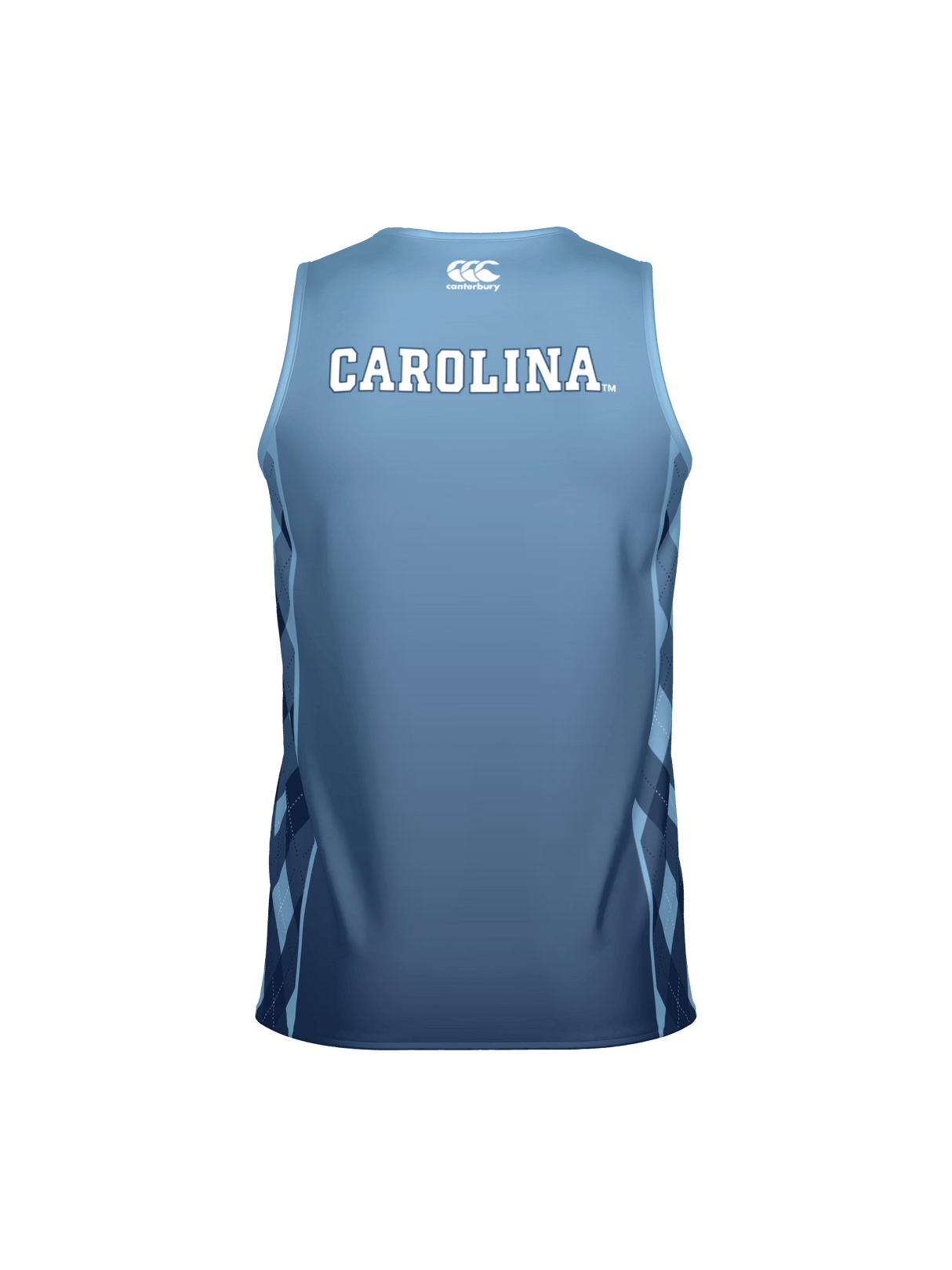 The Teamatical UNC Rugby Canterbury Performance Singlet is a blue athletic jersey featuring "CAROLINA" in white capital letters on the back and a small logo near the neckline.
