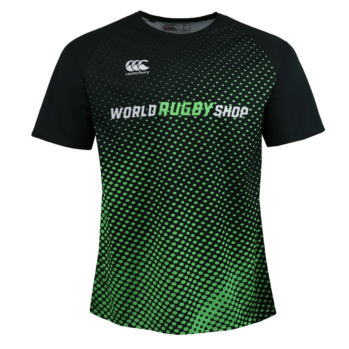The MENS CCC ECO SUBLIMATE SAMPLE SS RAGLAN TEE by Teamatical features a black and green dotted gradient design, "World Rugby Shop" on the chest, and a Canterbury logo on the upper left.