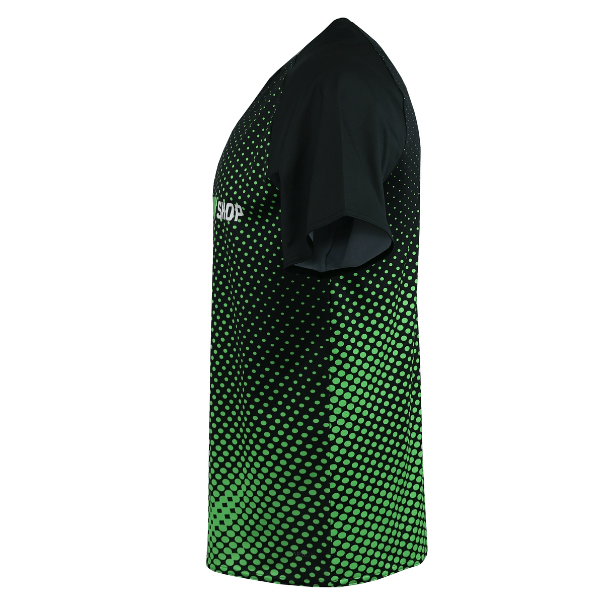 Teamatical MENS CCC ECO SUBLIMATE SAMPLE SS RAGLAN TEE—men's short-sleeve shirt with black and green dots, eco sublimated for lasting color, shown side view on a white background.