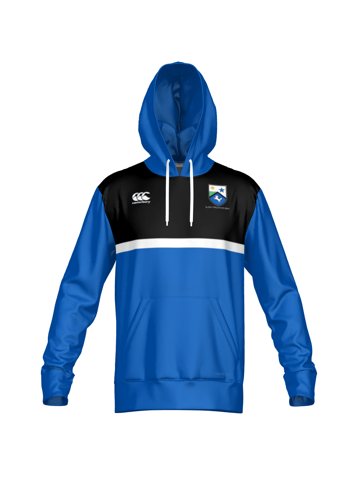 The Las Colinas Canterbury Performance Hoody by Teamatical features blue and black colors, a white horizontal stripe, kangaroo pocket, and embroidered chest logos.