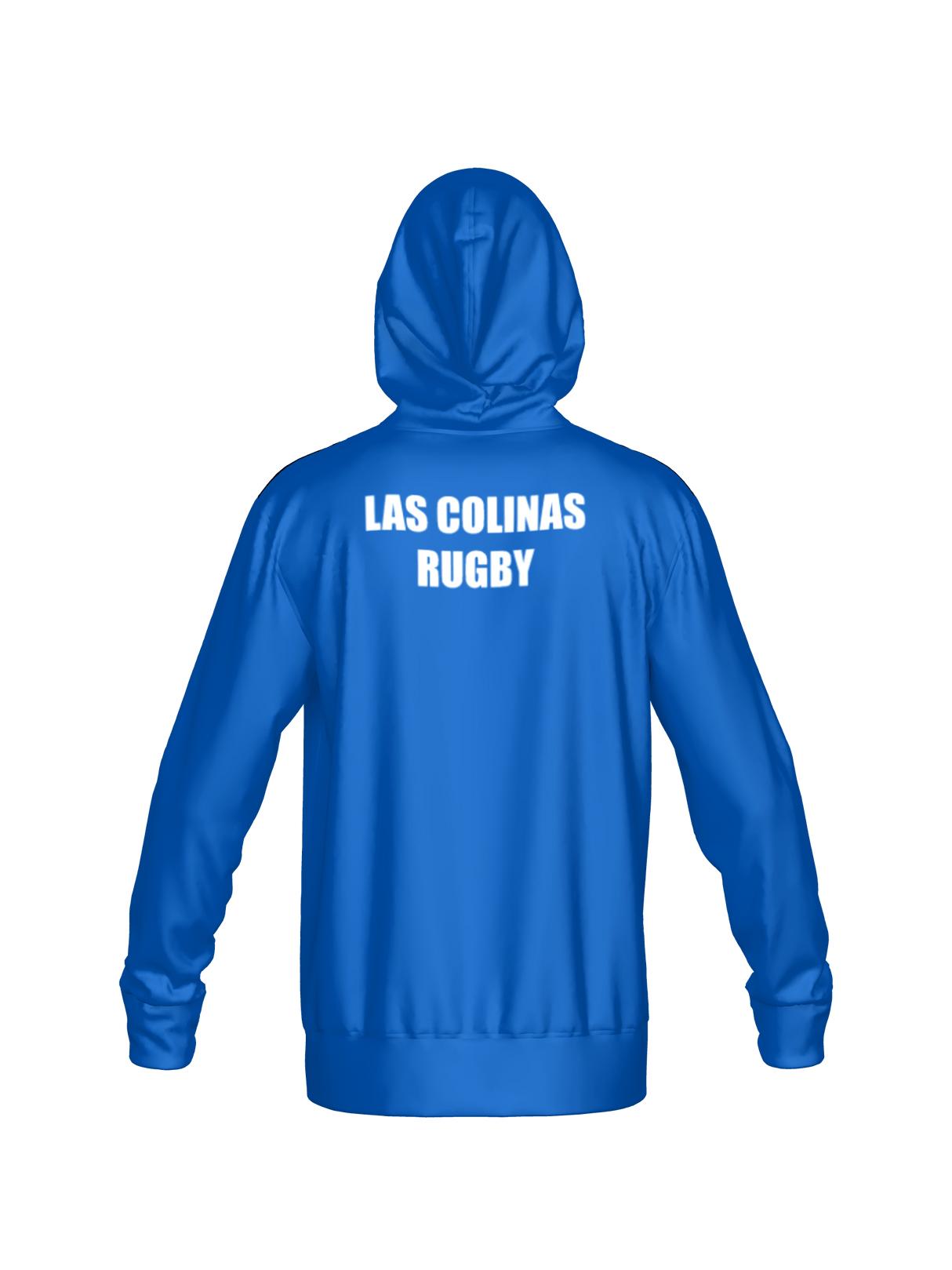 The Teamatical Las Colinas Canterbury Performance Hoody in blue is shown from the back, featuring white "LAS COLINAS RUGBY" text.