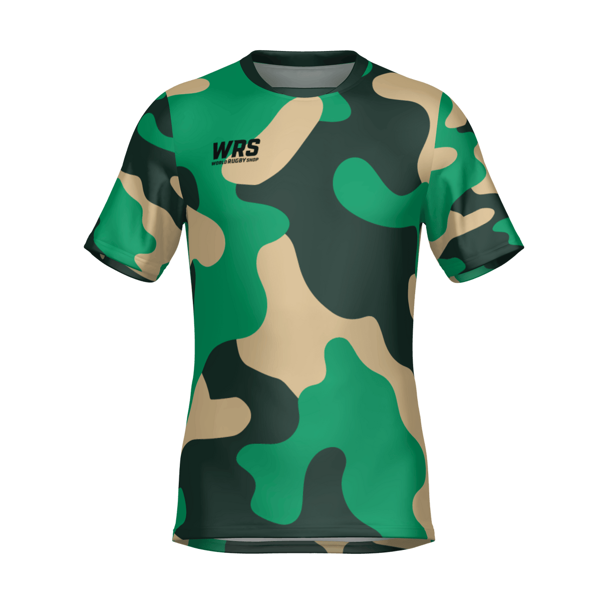 The Teamatical WRS MENS PRO JERSEY - CAMO is a short-sleeve t-shirt featuring a green, beige, and black camouflage pattern with a "WRS" logo on the left chest.