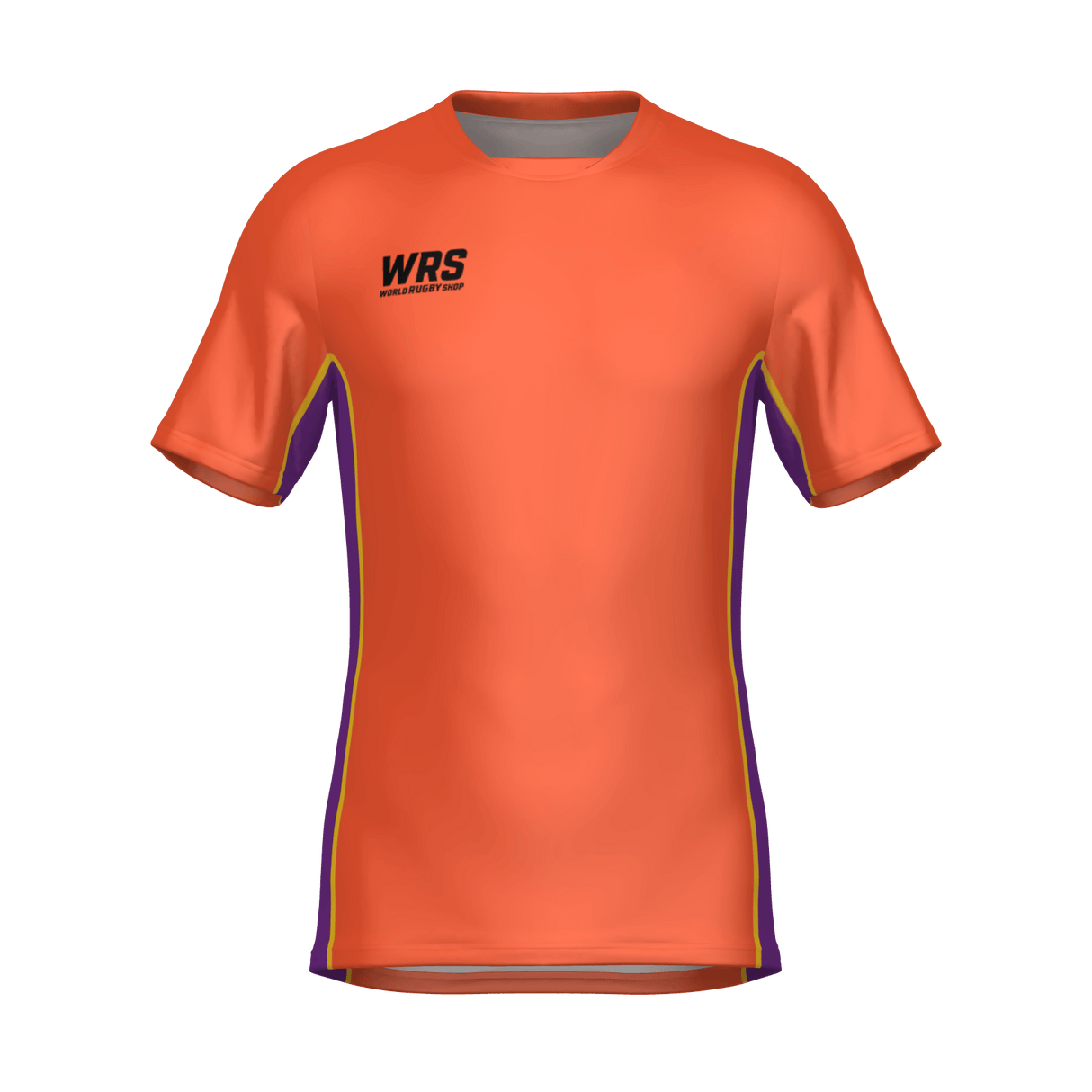 The Teamatical WRS MENS PRO JERSEY - CLEAN is an orange short-sleeve athletic shirt with purple side panels and "WRS WORLD RACER STOP" in black on the upper left chest.