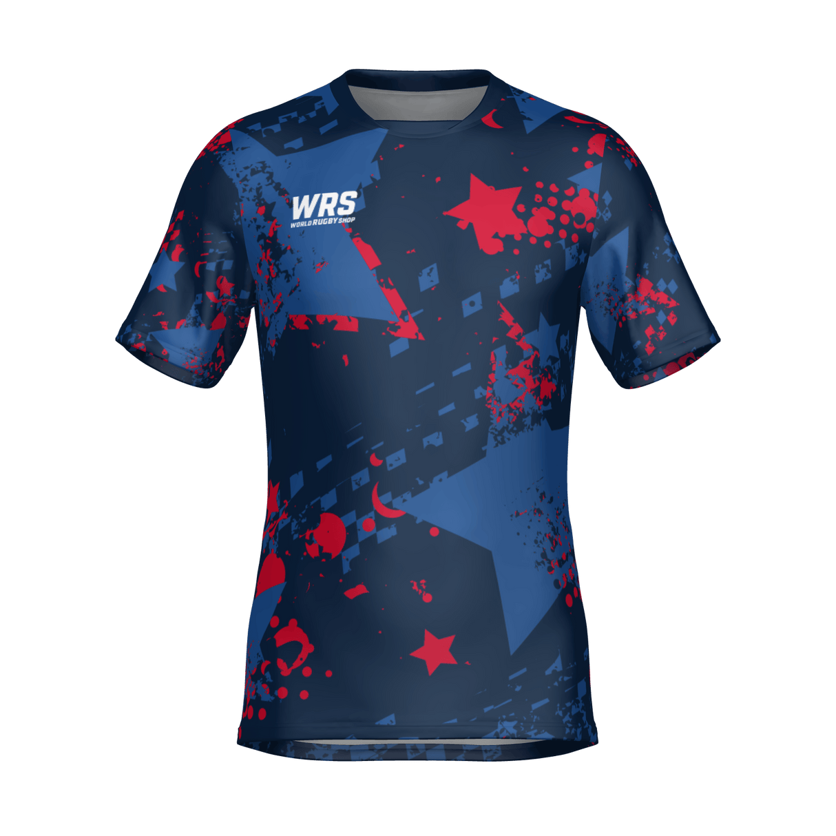 The Teamatical WRS MENS PRO JERSEY - PUNK STAR is a navy blue short-sleeve athletic shirt with a red star, paint splatter design, and "WRS" logo on the upper left chest.
