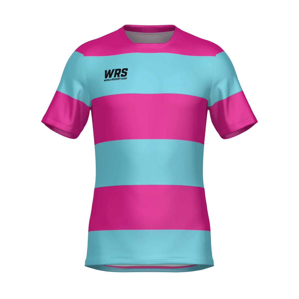 The WRS MENS PRO JERSEY - CLASSIC HOOP is a short-sleeved jersey with wide horizontal pink and light blue stripes, featuring the black "WRS" logo on the left chest.