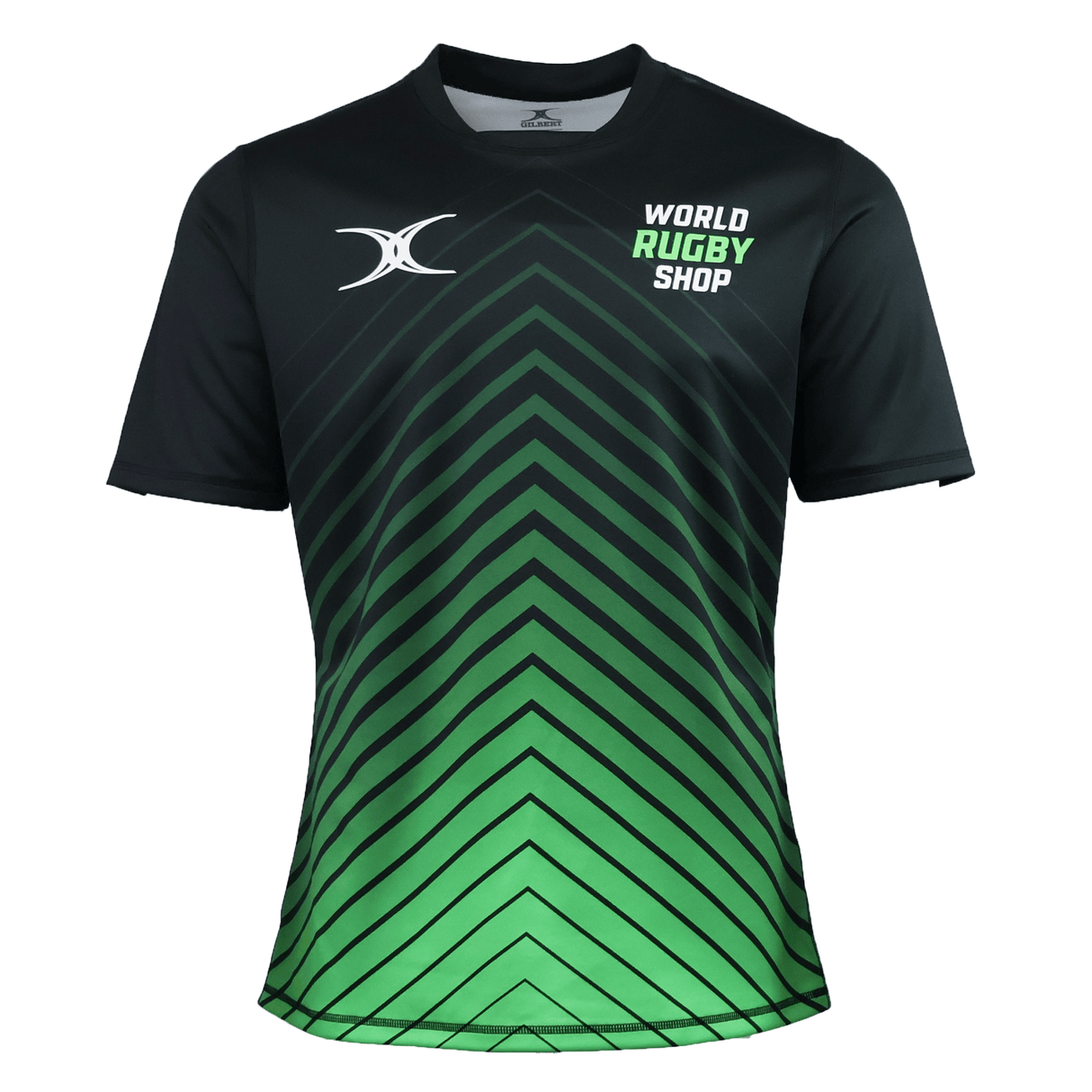 The Teamatical Gilbert Sublimated Pro Jersey - Mens features a black and green gradient with a chevron pattern, "World Rugby Shop" text, and a white chest logo.