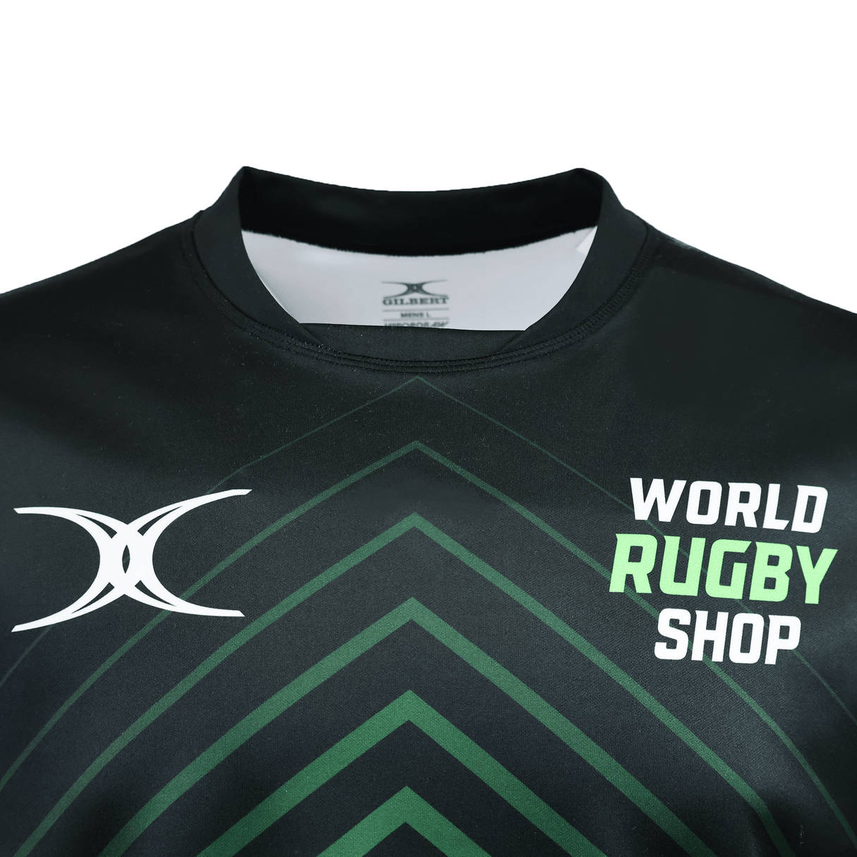 The Gilbert Sublimated Pro Jersey - Mens by Teamatical is a black rugby jersey with green geometric patterns, featuring the "World Rugby Shop" logo and a white stylized "X" on the chest.