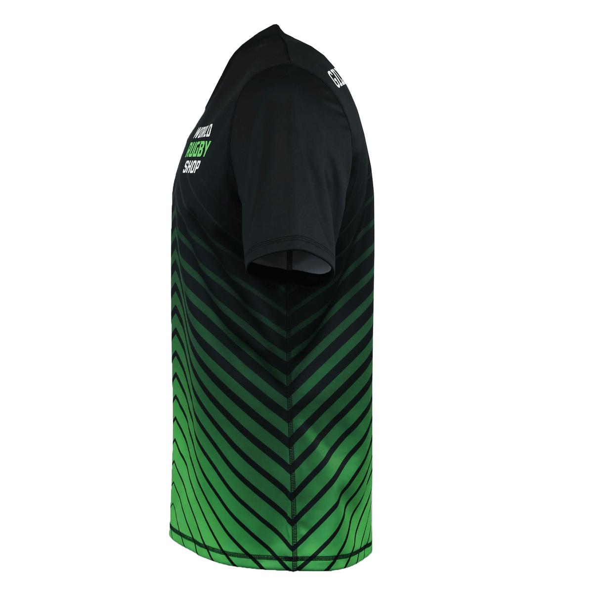 The Gilbert Sublimated Pro Jersey - Mens by Teamatical is a short-sleeved shirt with black shoulders, a green-to-black gradient, and diagonal black chevrons, shown from the left side.