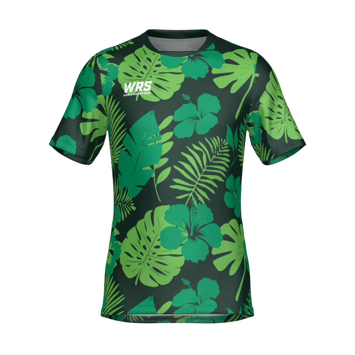 The Teamatical WRS Mens Pro Jersey - Hawaiian features a green short-sleeve design with bold tropical leaf and hibiscus flower patterns, plus the "WRS" logo on the left chest.