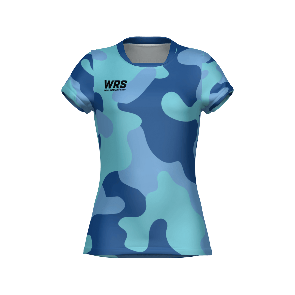 The Teamatical WRS Womens Pro Jersey - Camo is a blue camouflage short-sleeve shirt with a "WRS" logo on the upper left chest, shown on a plain white background.