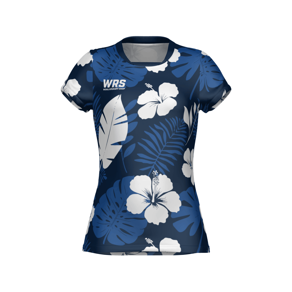 The Teamatical WRS WOMENS PRO JERSEY - HAWAIIAN is a short-sleeved women's shirt featuring a blue and white tropical floral design and the "WRS" logo on the upper chest.