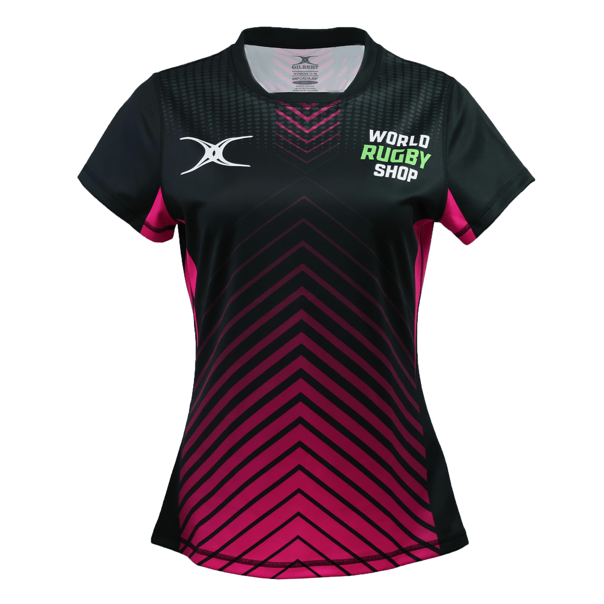 The Teamatical Gilbert Sublimated Pro Jersey – Womens features black and pink short sleeves, a chevron pattern, "World Rugby Shop" text, and a stylized X logo on the chest.