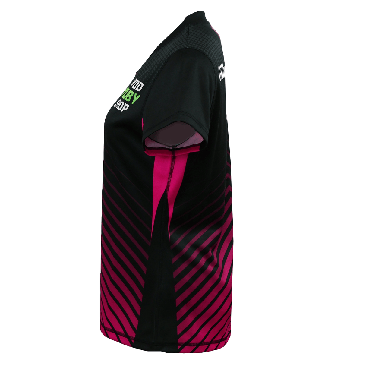 Side view of the Teamatical Gilbert Sublimated Pro Jersey - Womens, a short-sleeve sports top featuring black and magenta diagonal stripes with white and green text on the chest and upper back.