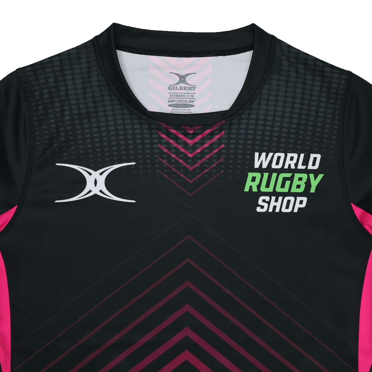 The Gilbert Sublimated Pro Jersey - Womens by Teamatical features a black and pink design with "World Rugby Shop" and a white abstract logo printed on the front.