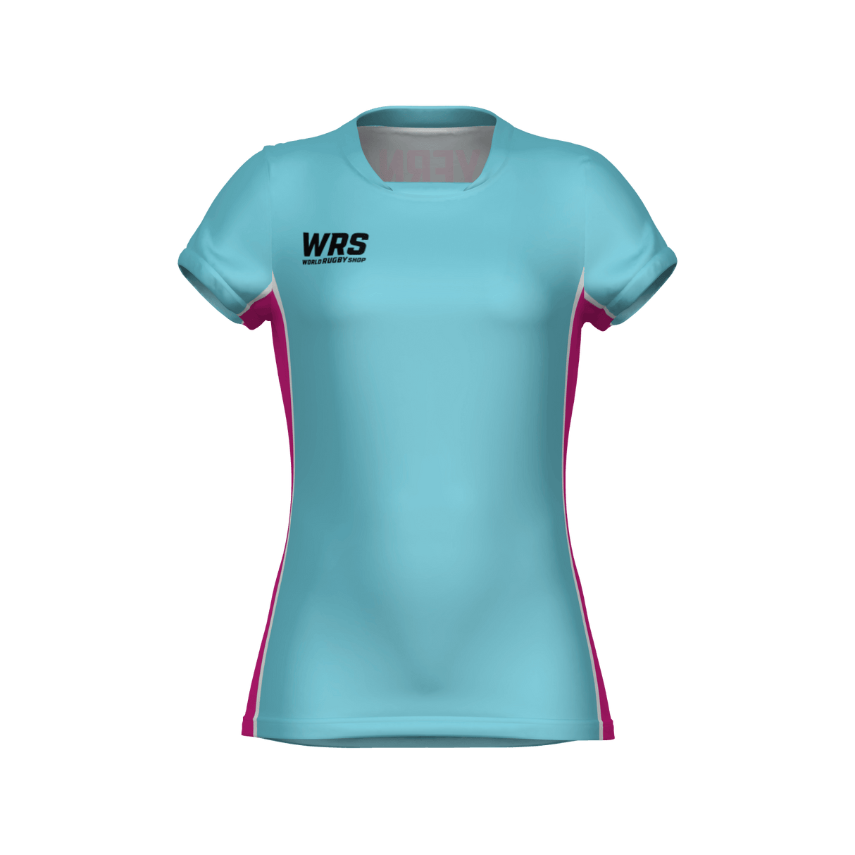 Light blue athletic shirt with pink accents on a white background