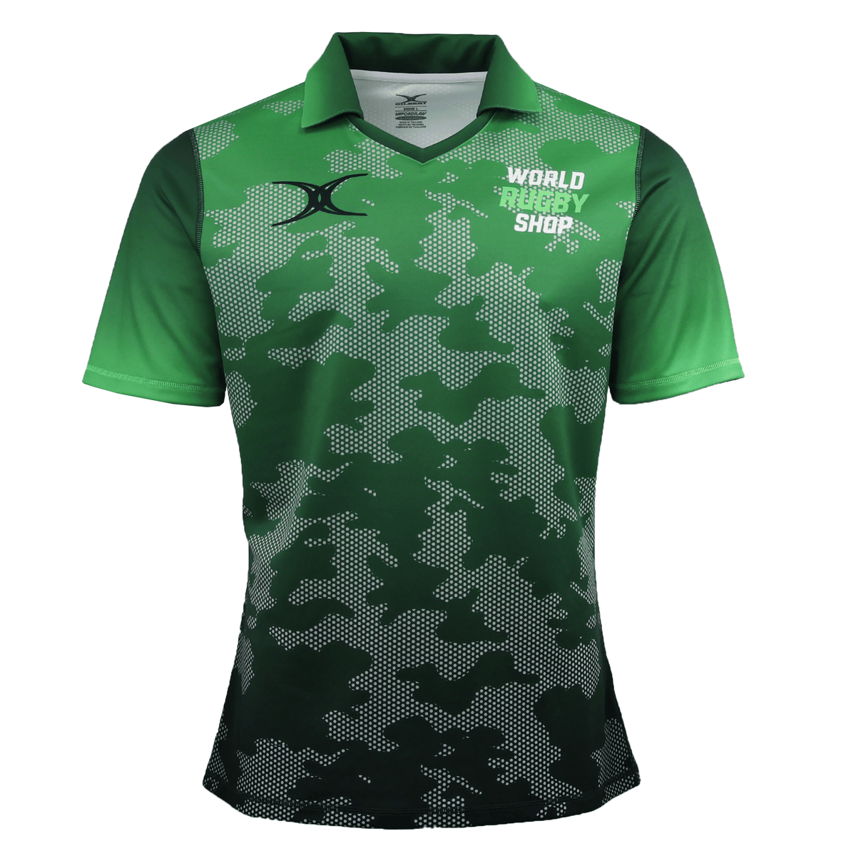 The Teamatical Gilbert Sublimated Pro Collared Jersey - Men's features a green and dark green camouflage pattern, short sleeves, a collar, and "World Rugby Shop" printed on the left chest.